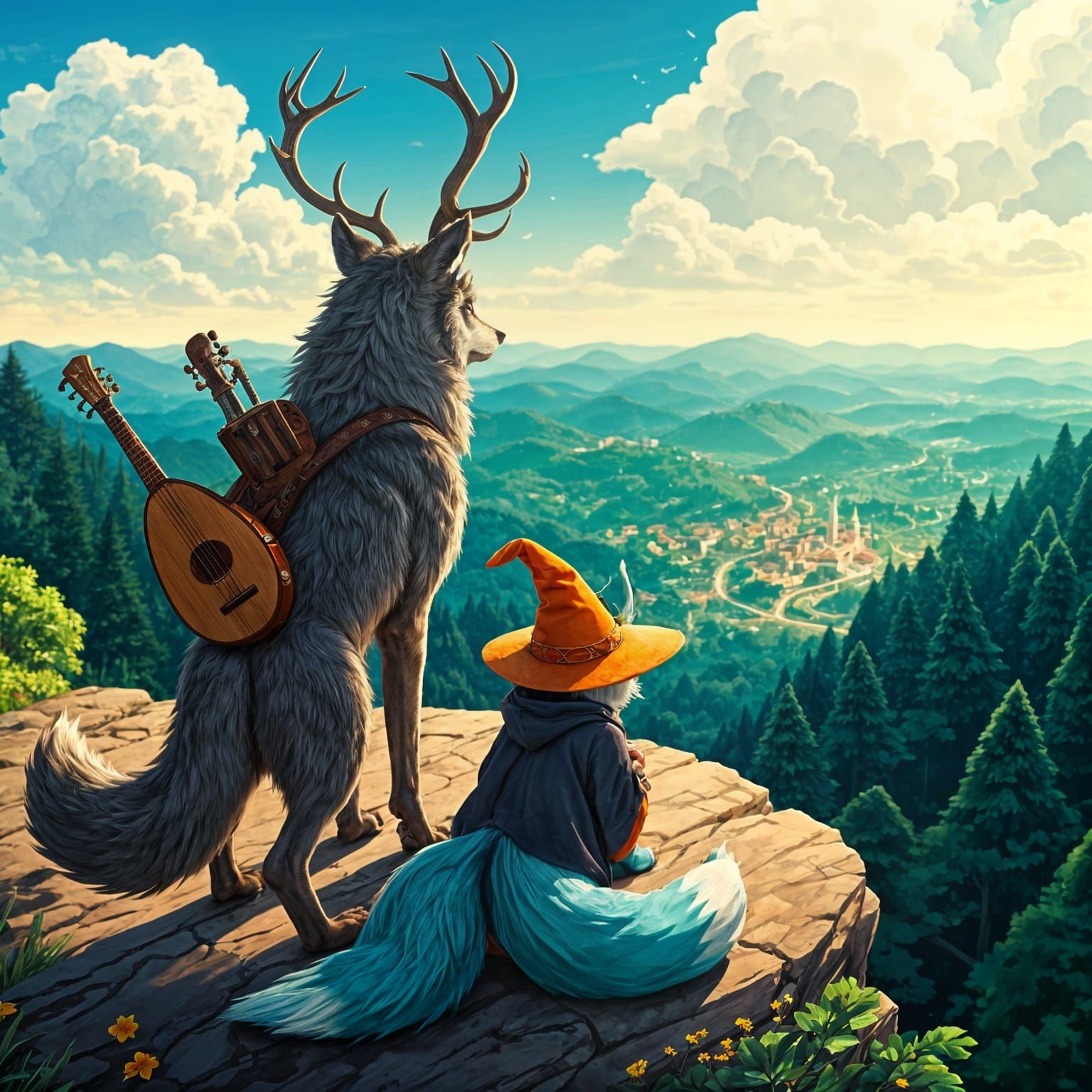 Dreamy Fantasy Scene with Wolf and Kitsune Looking Over a Cl...