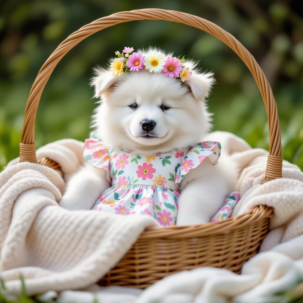 Samoyed Puppy with Flower Crown in Picnic Basket