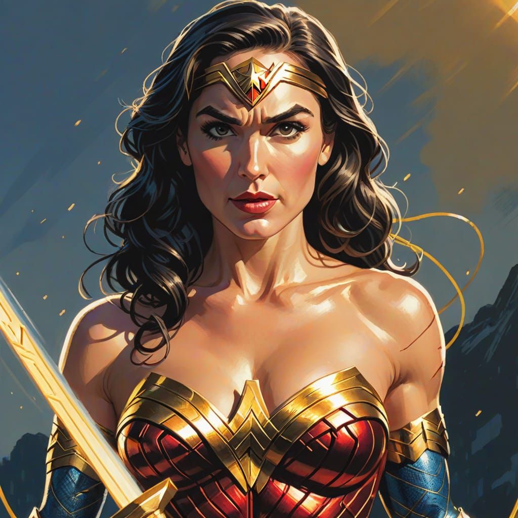 Wonder Woman Gouache Painting in Comic Book Style