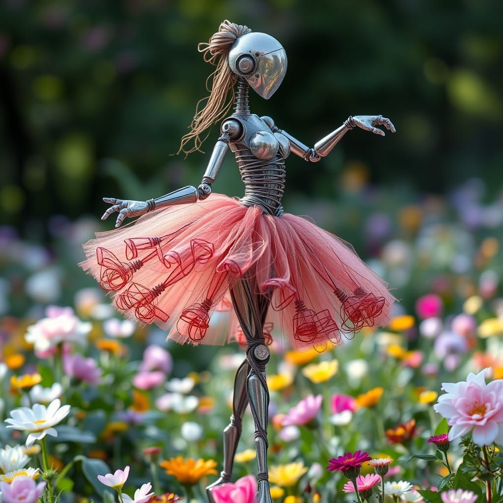 Mechanical Ballerina Dances in Futuristic Garden