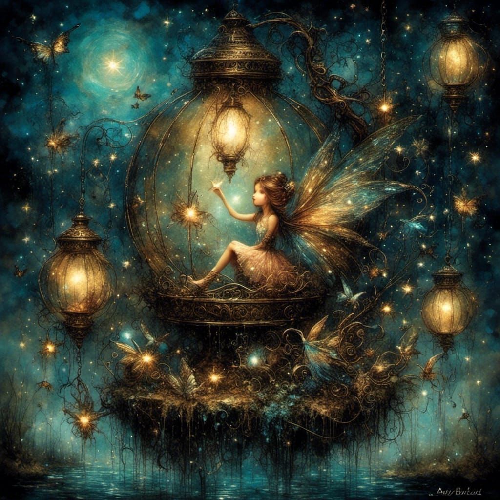 Nomadic Fairy with Lantern Under Twinkling Stars
