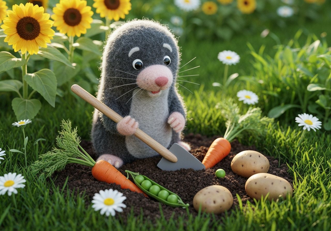 Cute Felt Mole Digging Vegetables in Garden
