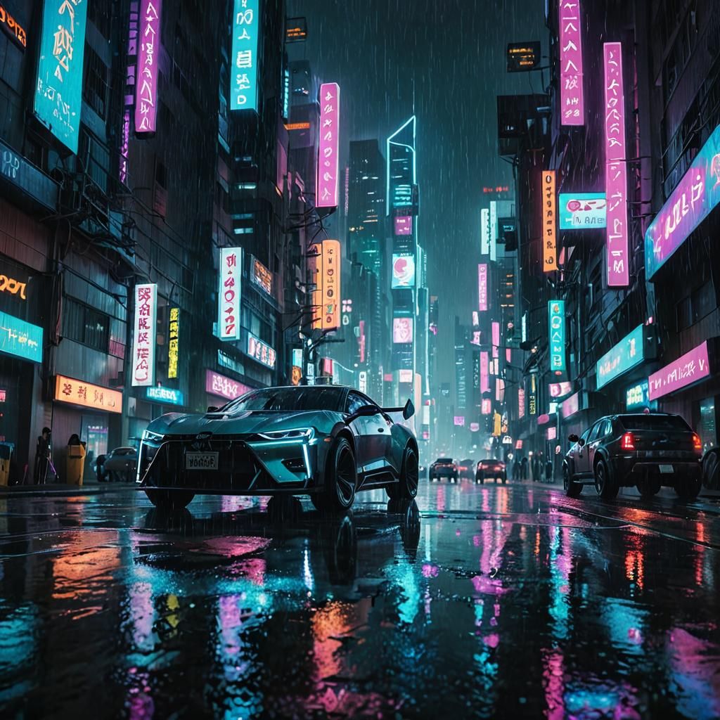 Cyberpunk Metropolis at Night in the Rain