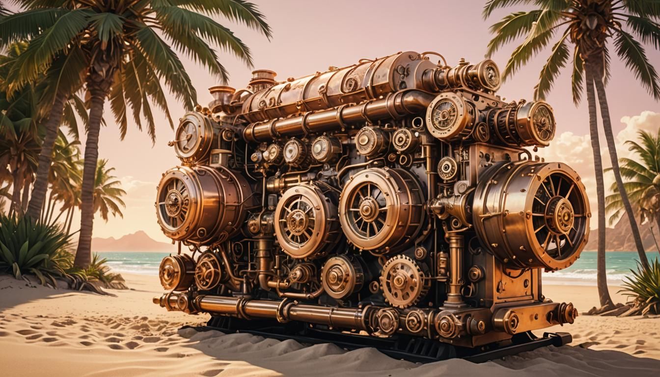 Steampunk Engine on Sandy Beach in Miyazaki Style