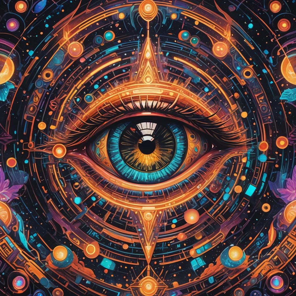 Brilliant Neon Eyes: Holographic Cosmic Illustration