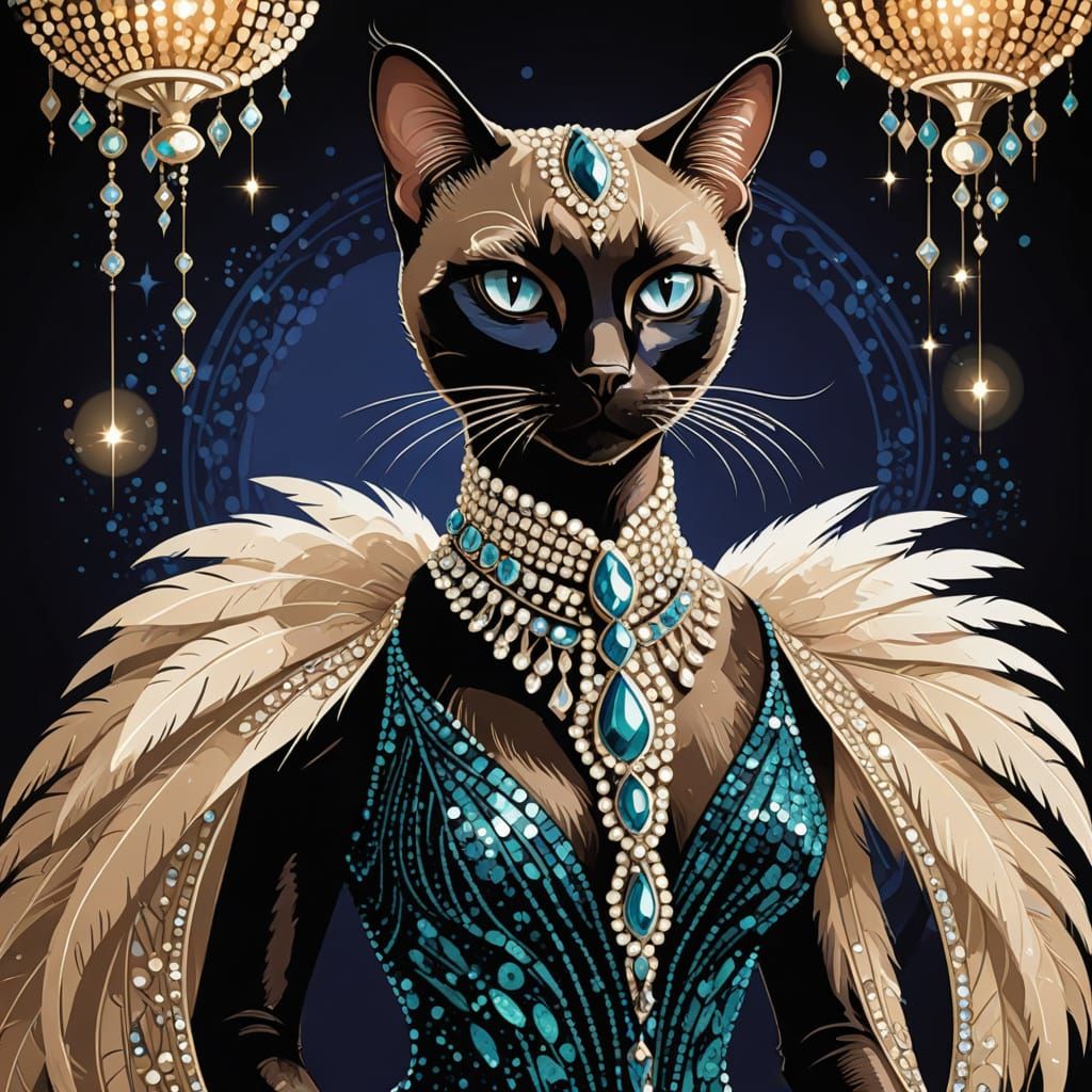 Glamorous Cat Cabaret in Erté-Inspired Style