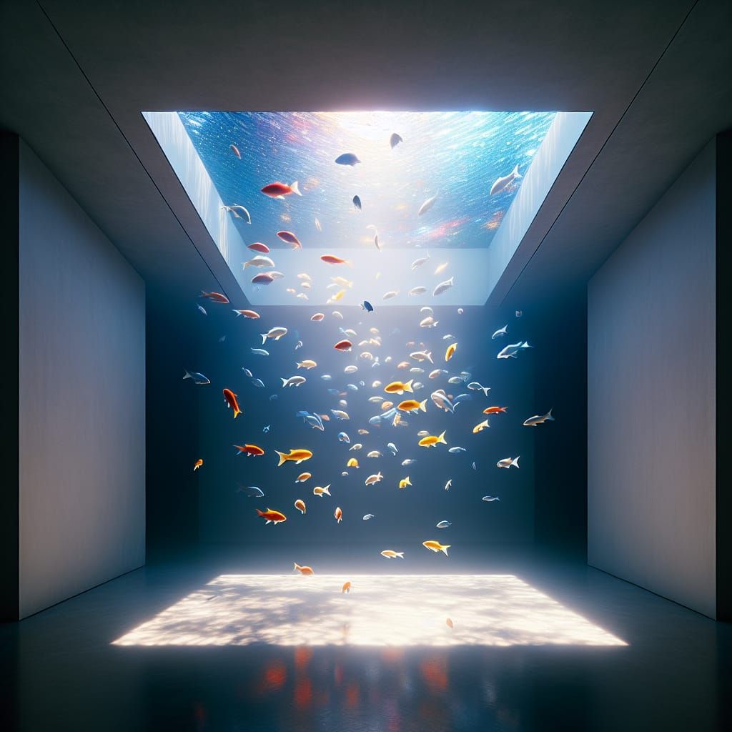 Surreal Room Scene with Swarming Fish in a Japanese-Inspired...