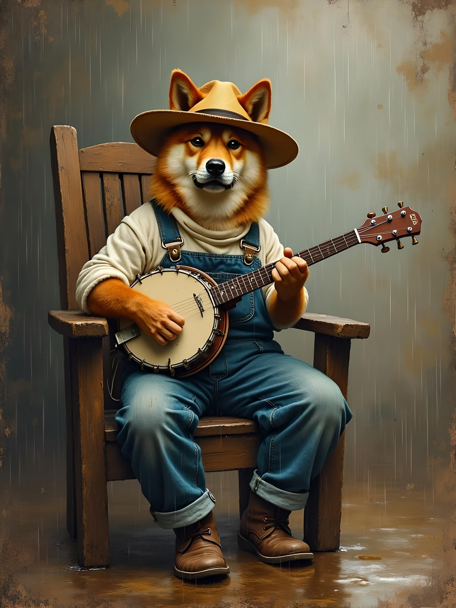 Akita Dog Plays Banjo in Oil Painting
