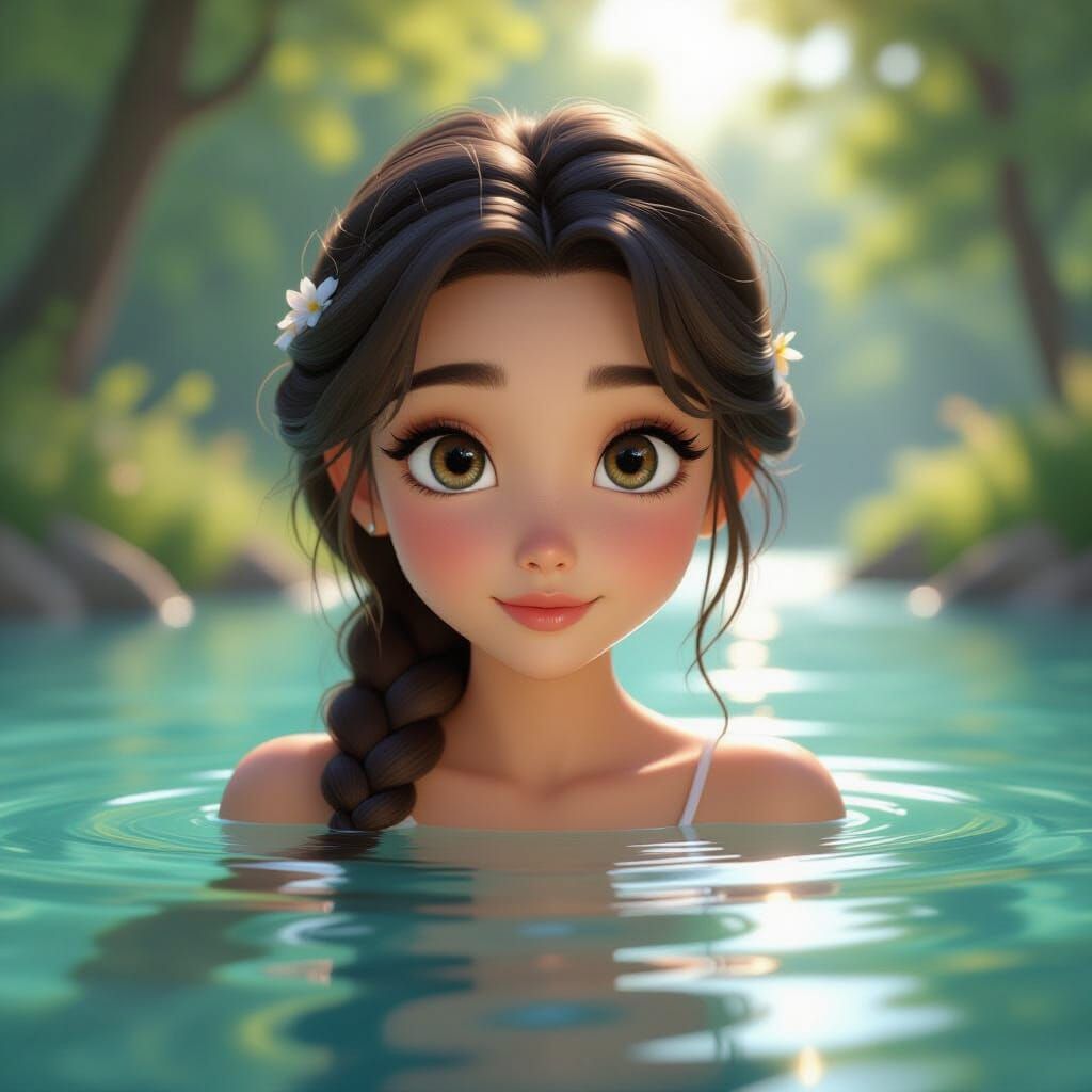 Maiden Reflecting in River, Hyper-Realistic 3D Anime Style