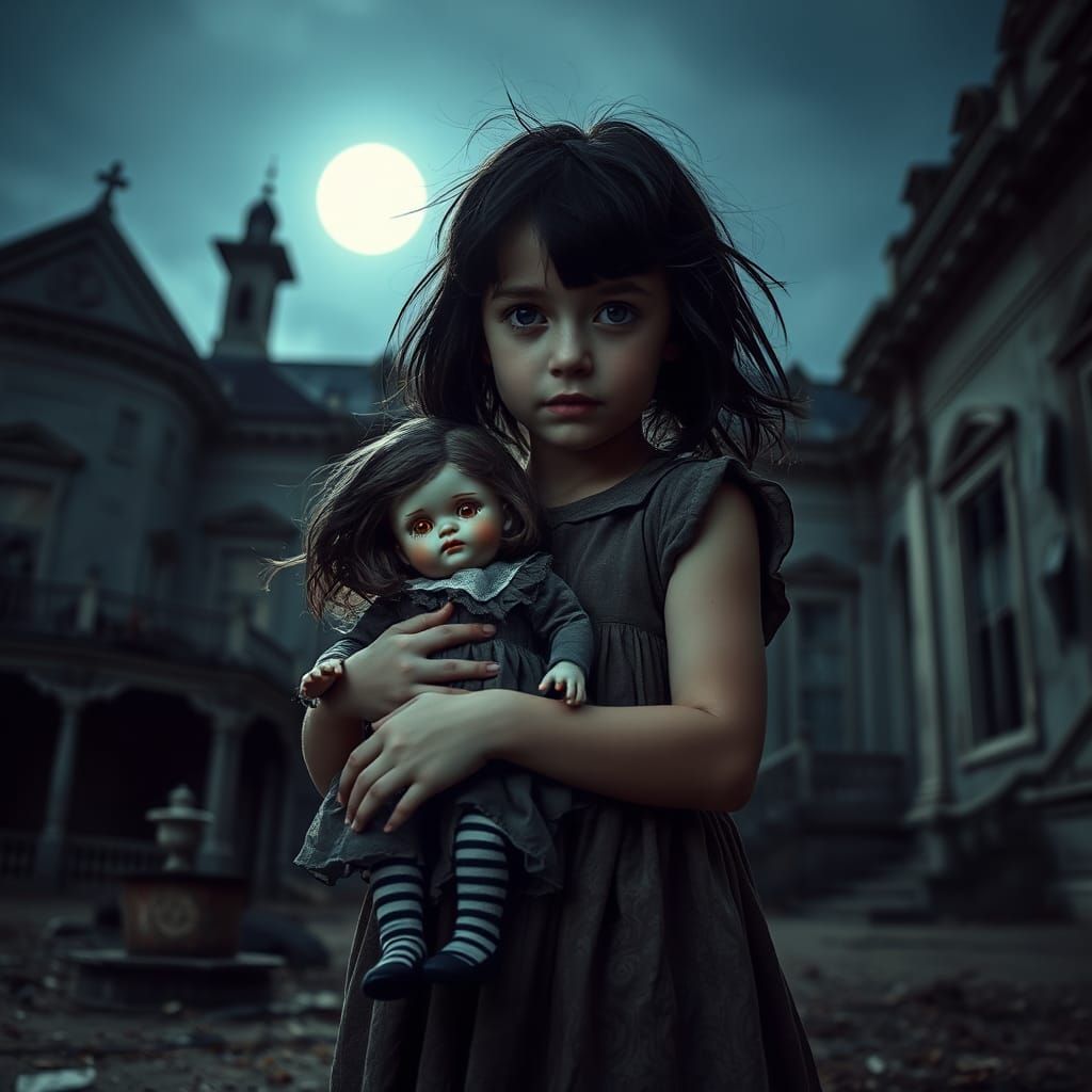 Eerie Girl with Cursed Doll Portrait