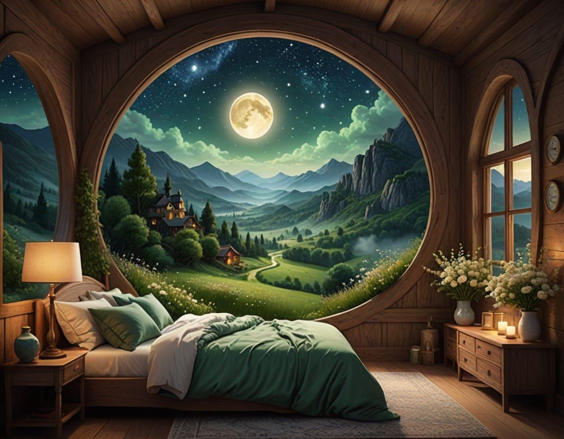 Cozy Bedroom Portal to Majestic Fantasy Landscape