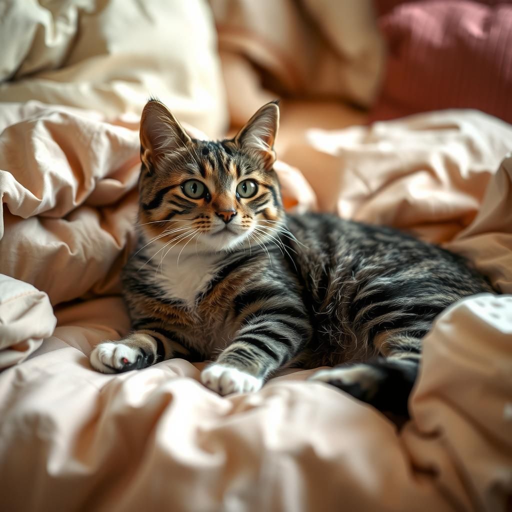 Cute Tabby Cat Lounging on Plush Bed