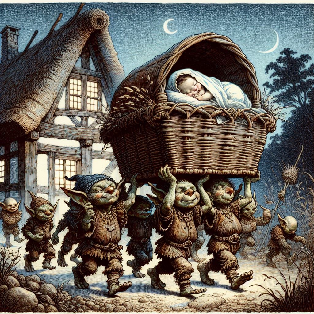 Goblins Steal a Sleeping Infant in a Whimsical, Hand-Drawn S...