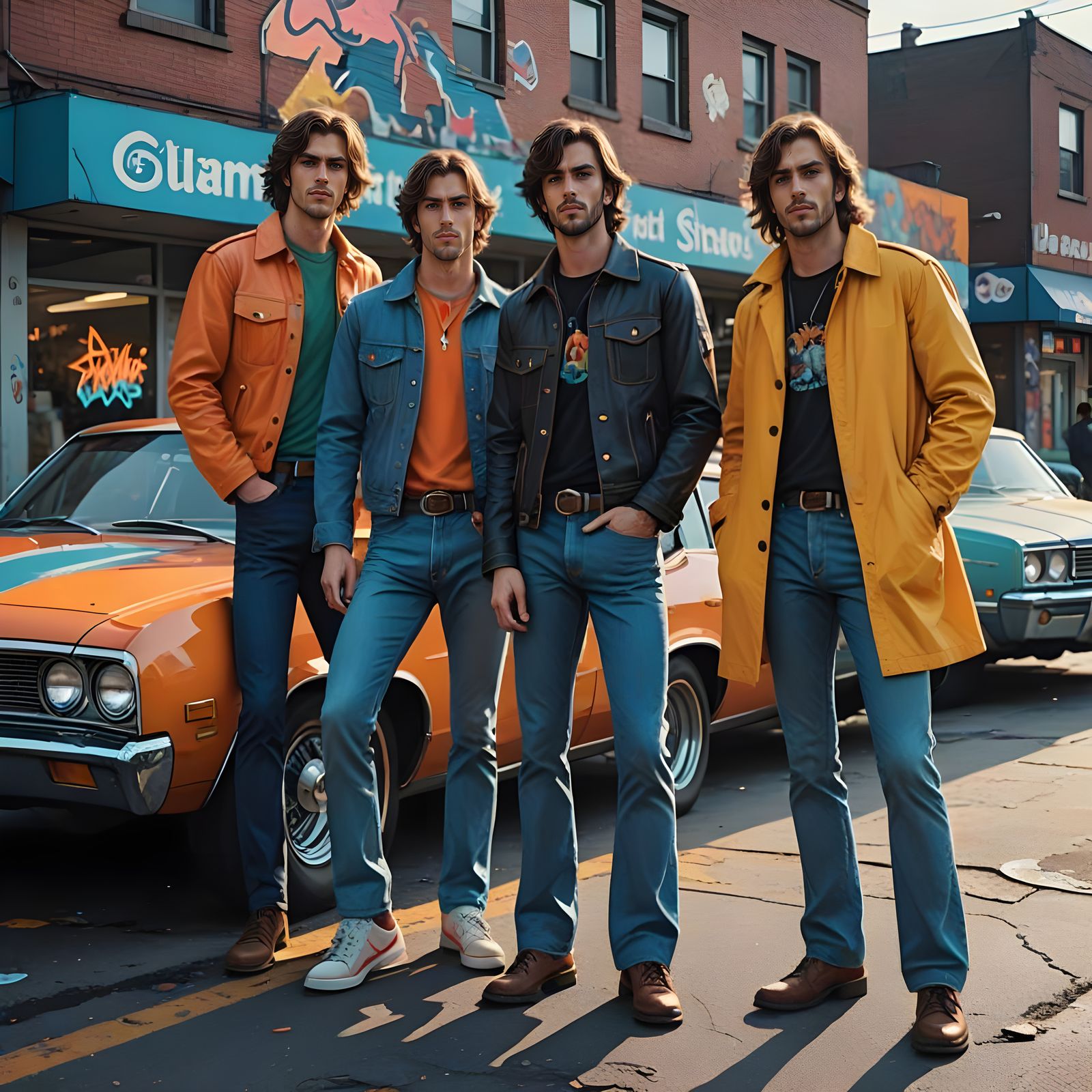 Nostalgic College Buddies in 1970s Parking Lot Chic