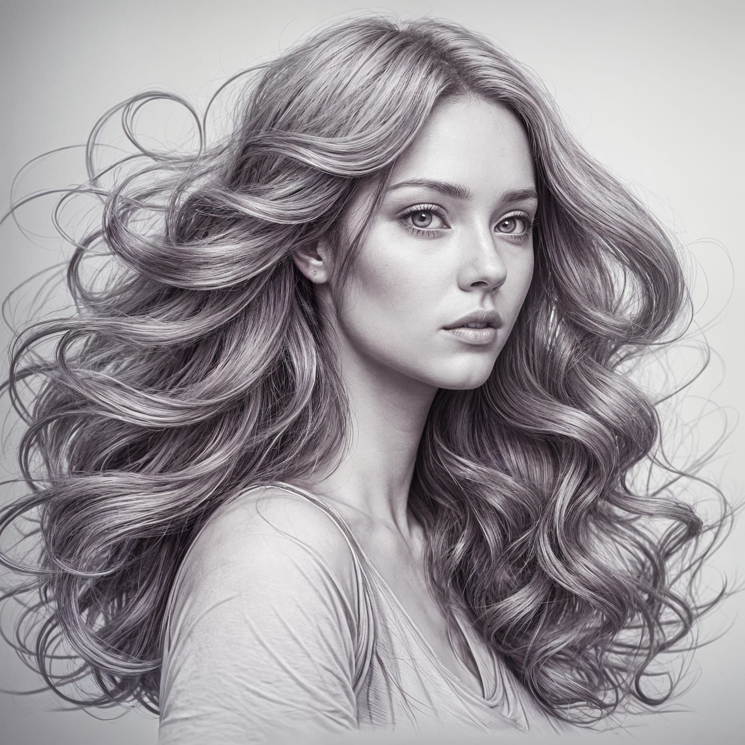 Pencil Sketch of Girl with Flowing Red Hair
