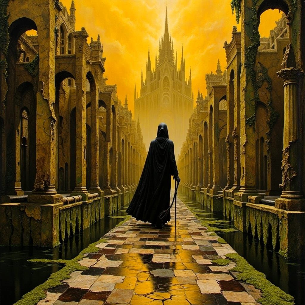 Surreal Architectural Shards Rising from Mossy Plain