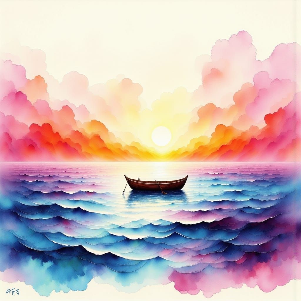 Solitary Wood Boat on Surreal Sea as Ink Watercolor Painting