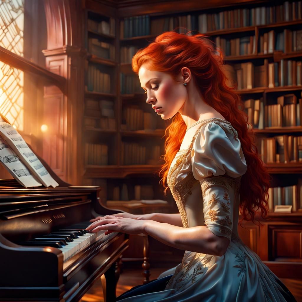 Redhead Pianist in Victorian Library, Hyperrealistic Art