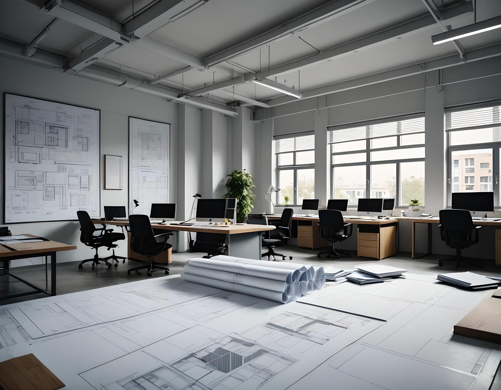 Architect's Office: Blueprints and Computer at Workplace