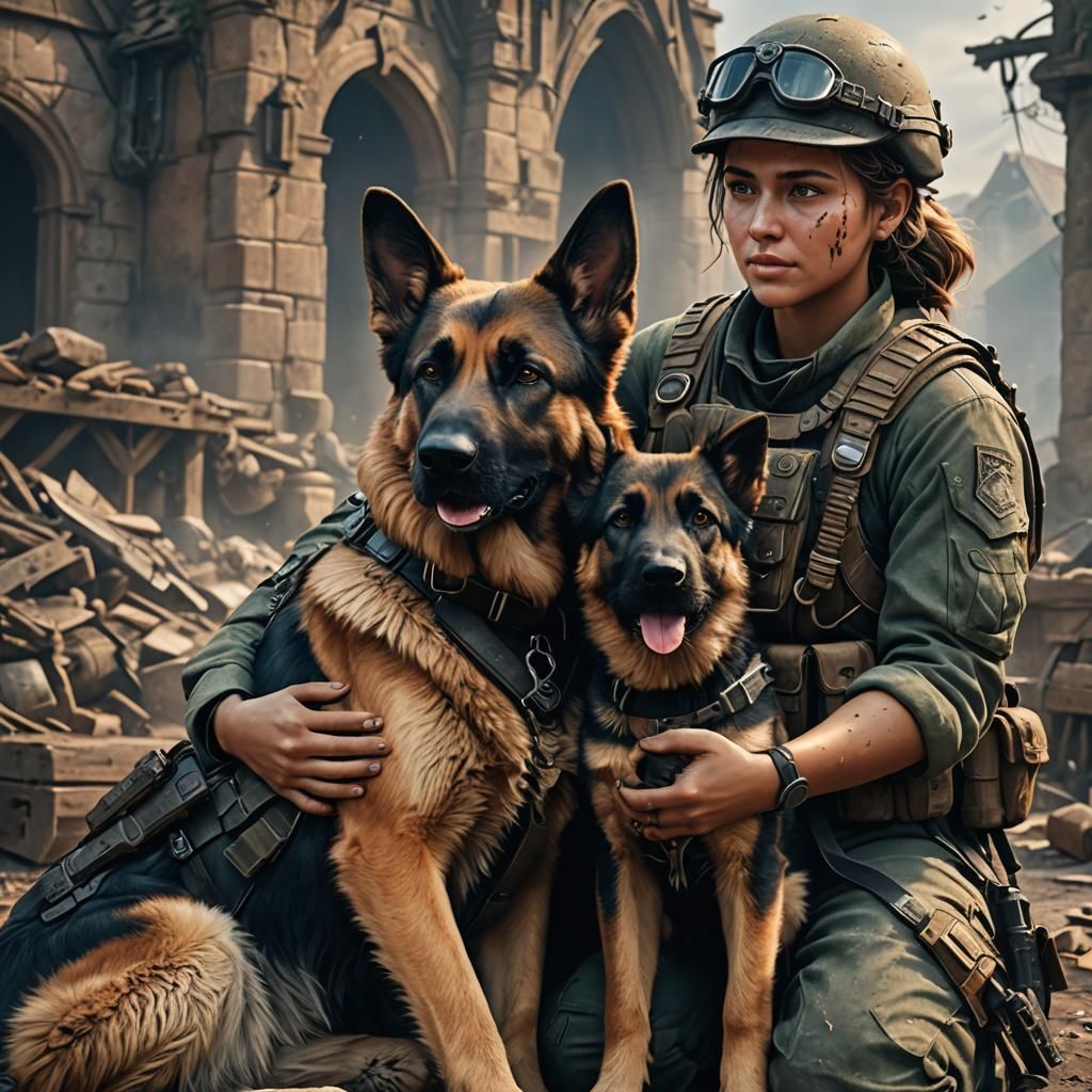 Female Soldier Cuddles German Shepherd Dog
