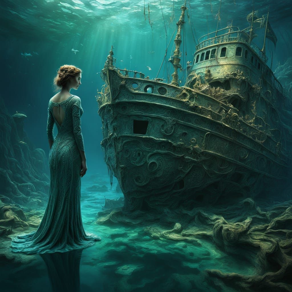 Ethereal Siren Amidst Wreckage in Dreamlike Surrealist Maste...