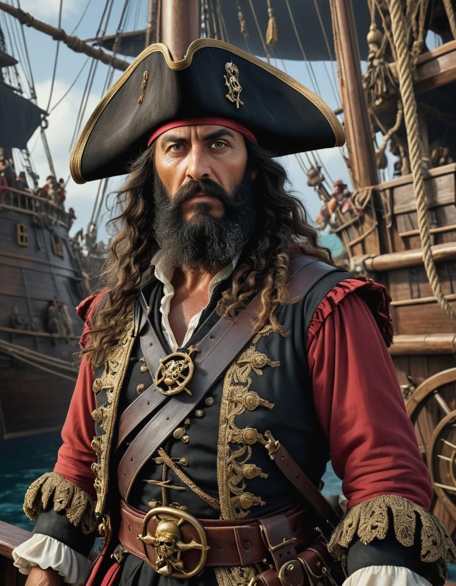 Blackbeard commanding the Pirate Ship Queen Anne's Revenge