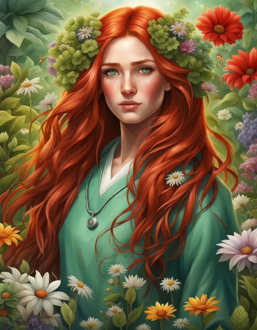 Striking Red-Haired Healer in a Lush Medical Core