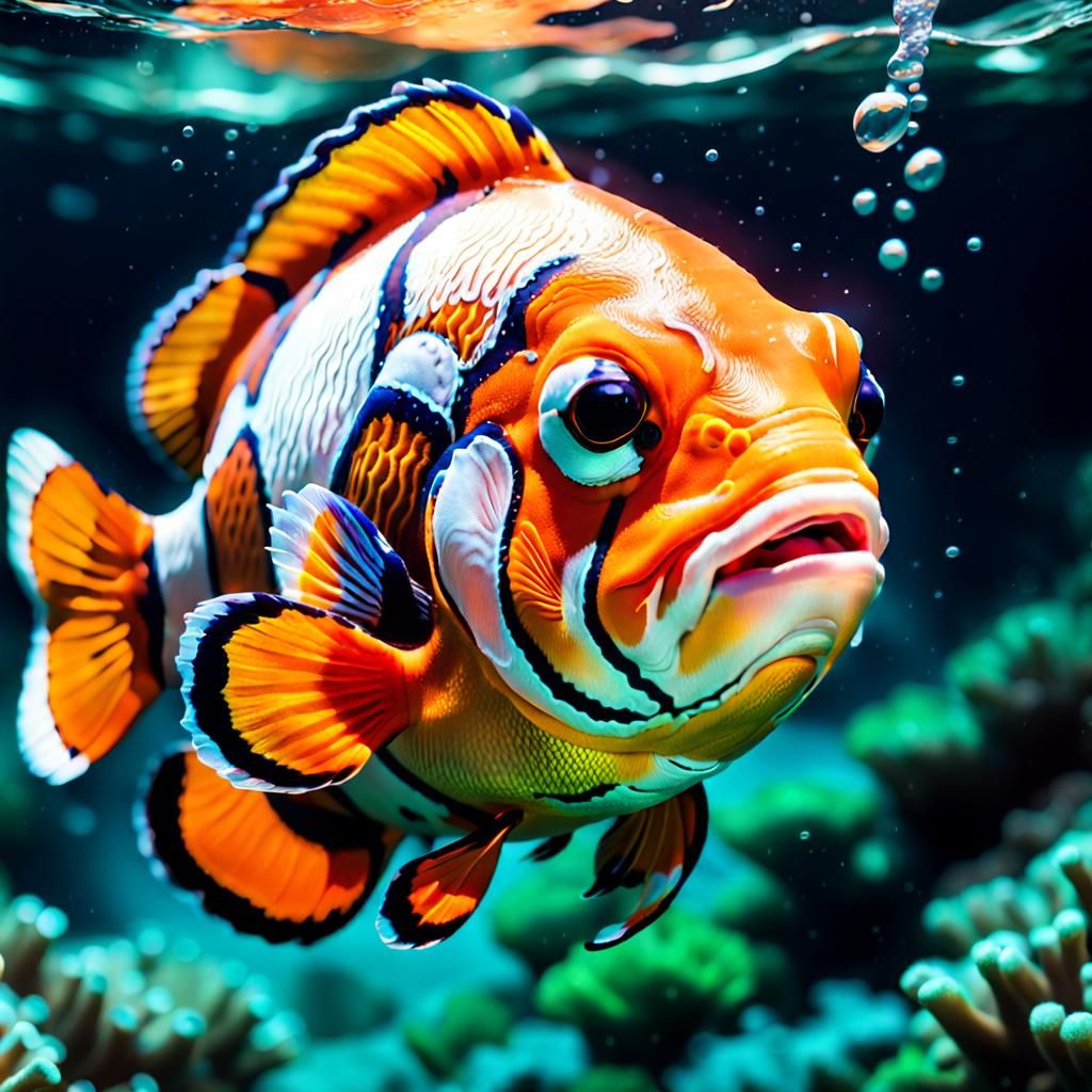 Hyperrealistic Clownfish Underwater Splash Art