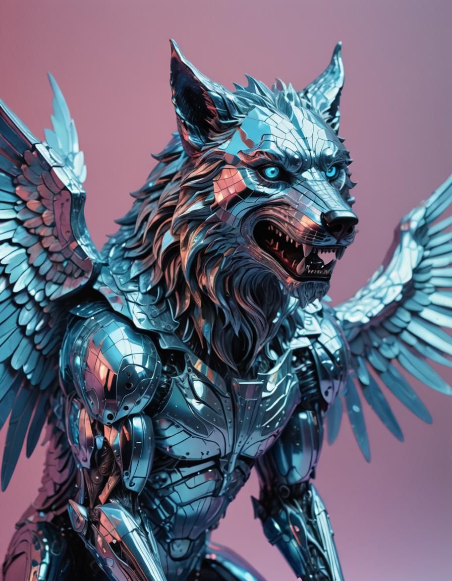 Surreal Cyberpunk Holographic Werewolf in Glitch Art Style