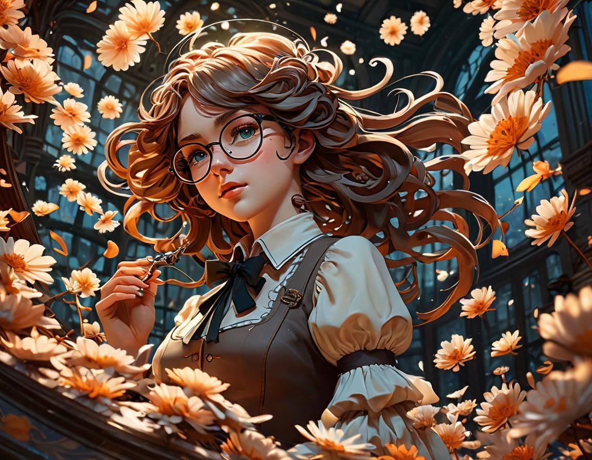 Anime Girl with Clockwork Device and Petals