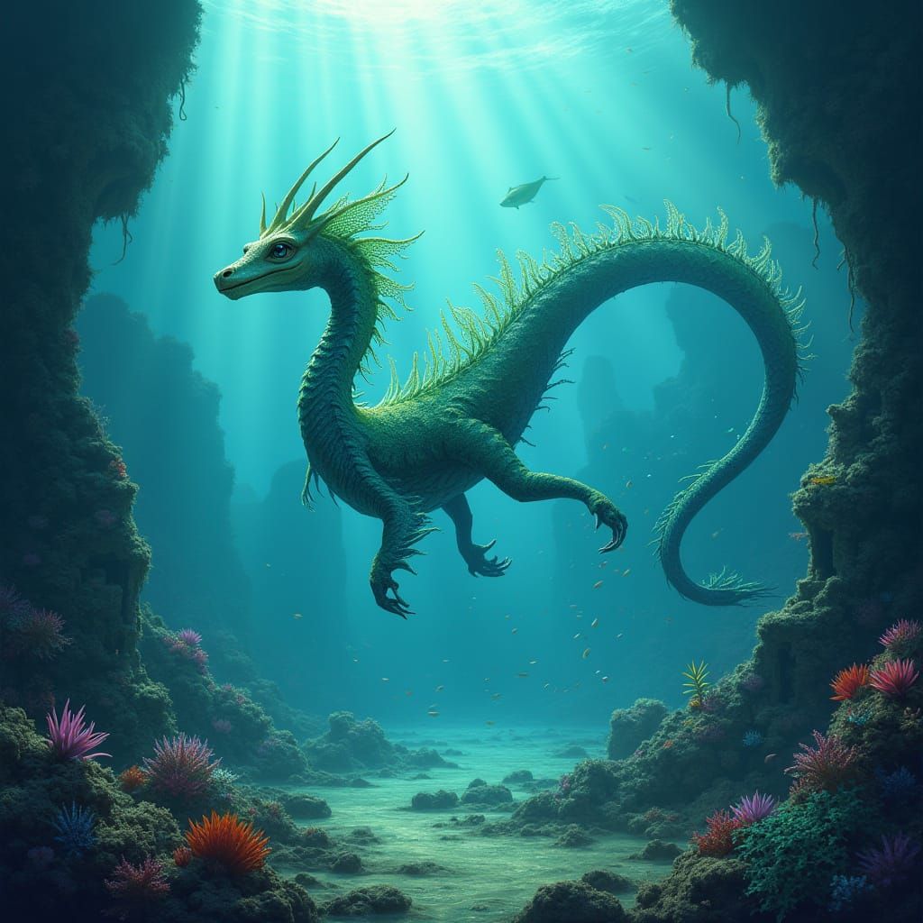 Majestic Leafy Sea Dragon in Sunken City with Bioluminescent...