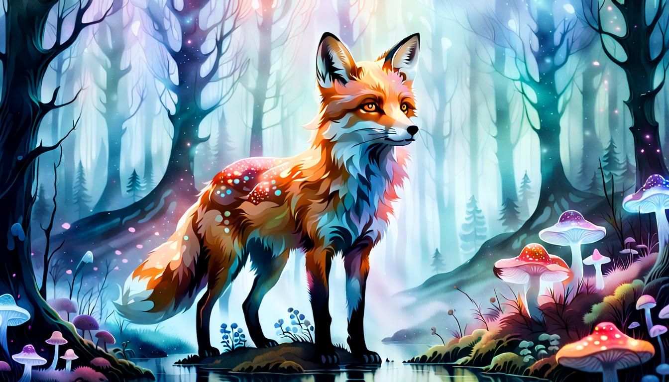 Ethereal Fox Floating in Misty Forest: Dreamy Watercolor