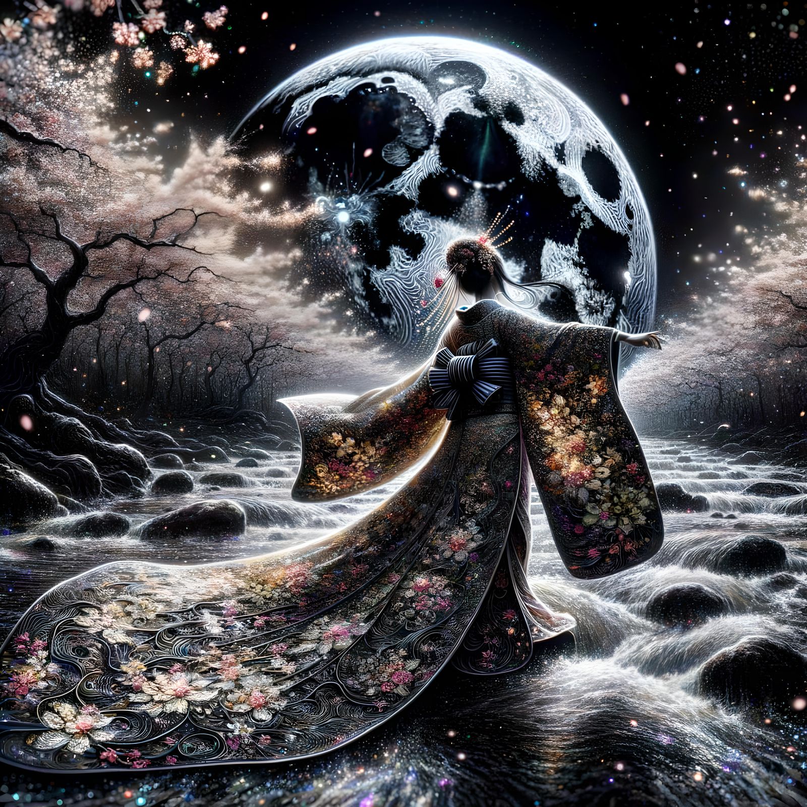 Dancing Girl in Kimono Under Moonlight