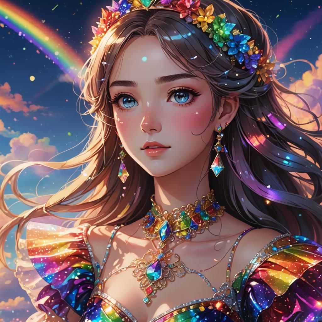 Anime Princess Portrait with Rainbow Dress and Sky