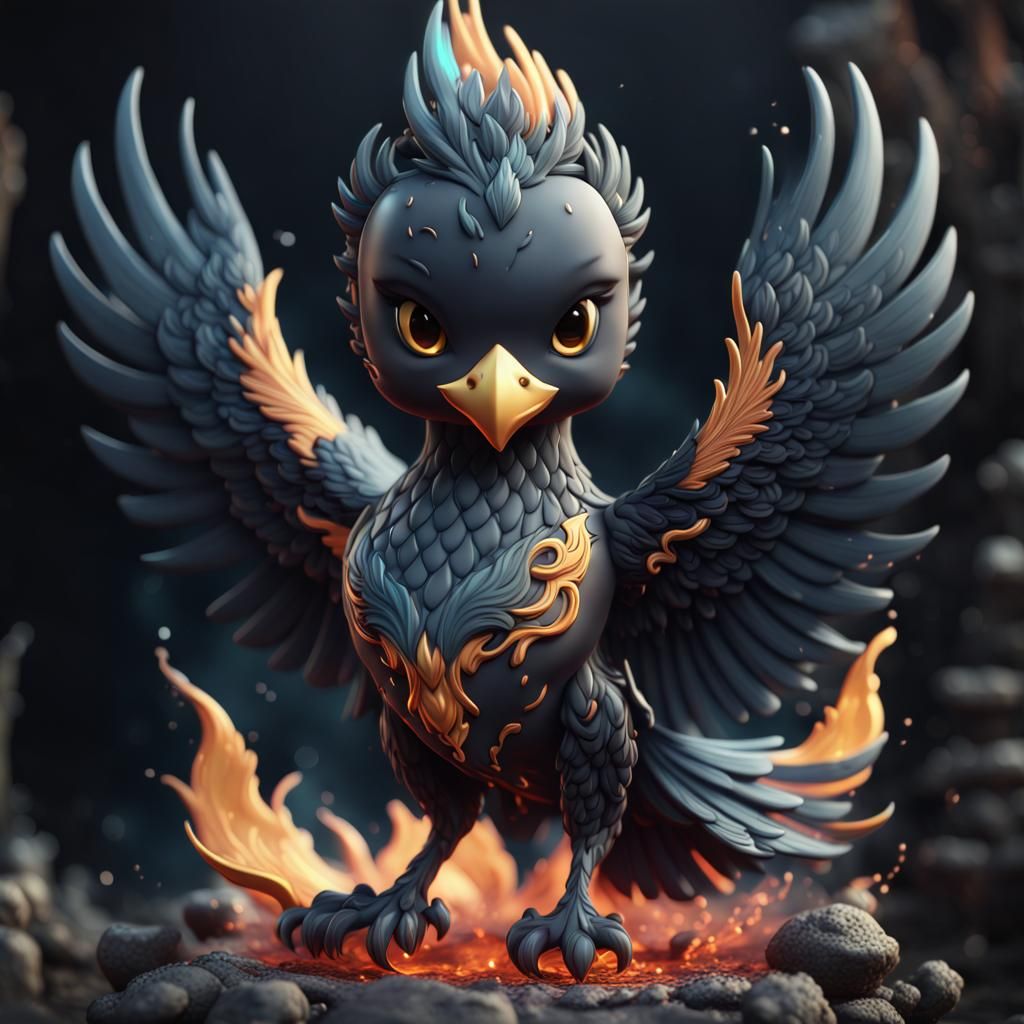 Chibi Black Porcelain Phoenix in Detailed Matte Painting