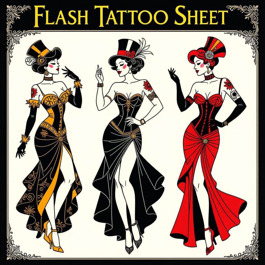 Steampunk Women Flash Tattoo Sheet in Minimalist Style