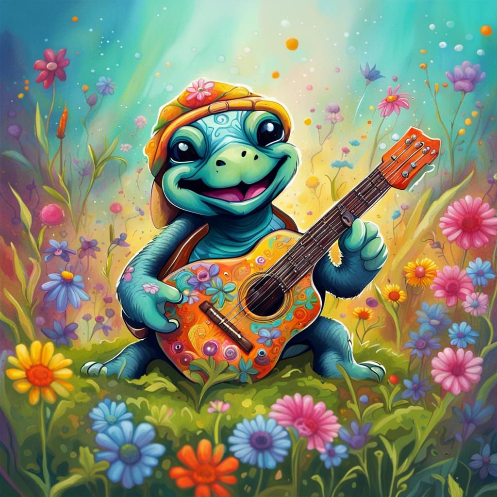 Hippie Turtle Guitarist in Graffiti Art Meadow