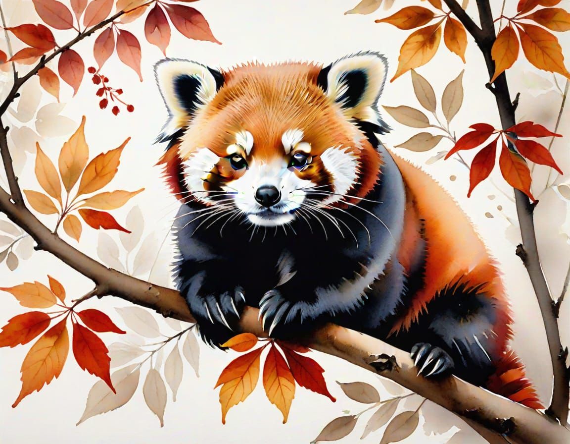 Red Panda Resting on Branch in Autumn Leaves