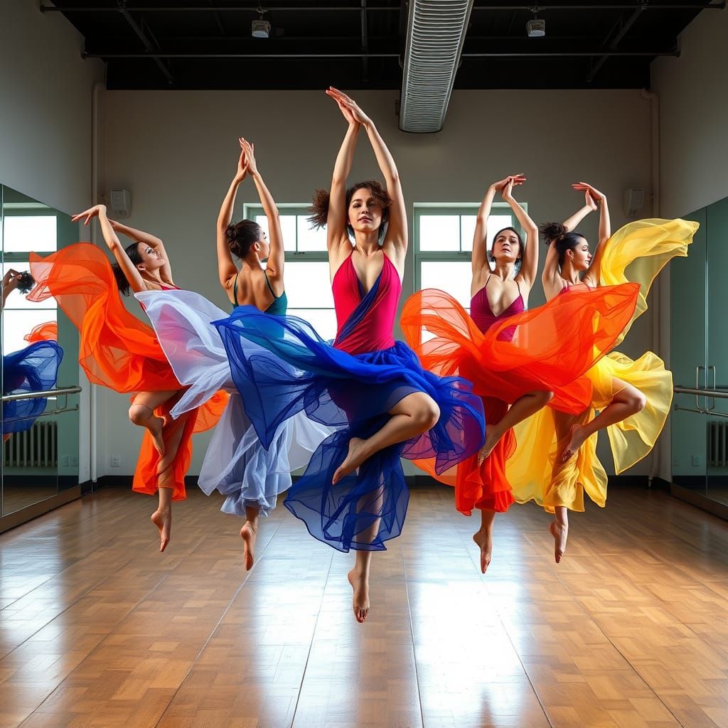 Elegant Women in Mid-Air Acrobatic Dance