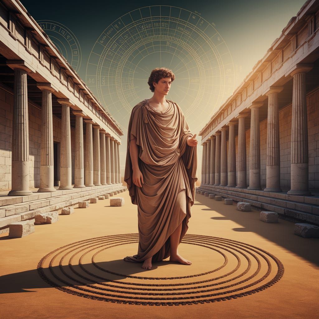 Ancient Greek Philosopher Encircled by Geometric Abstraction...