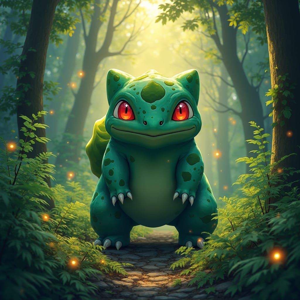 Majestic Bulbasaur in Lush, Bioluminescent Forest