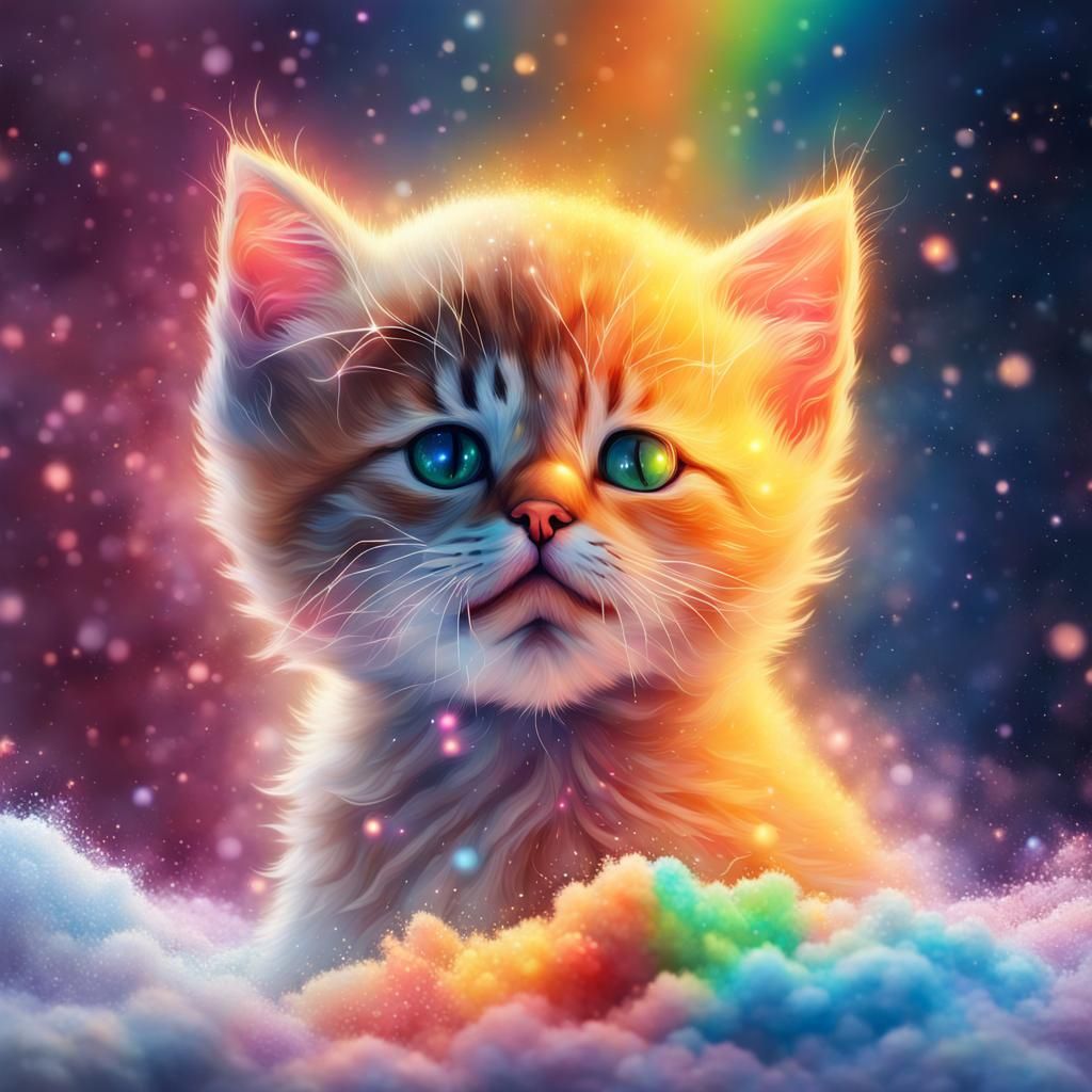 Glowing Kitten in Galactic Rainbow Snowscape