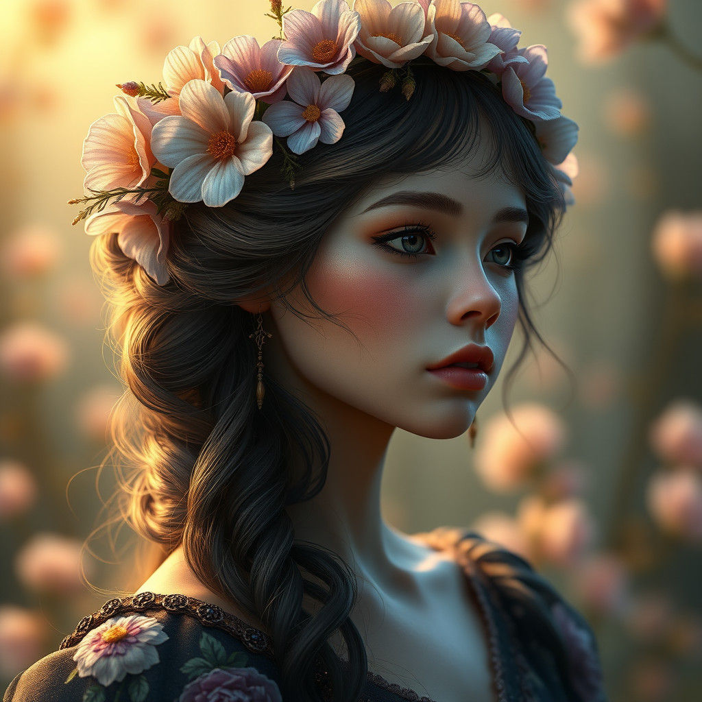 Enchanting Flower Girl Portrait in Art Nouveau Style