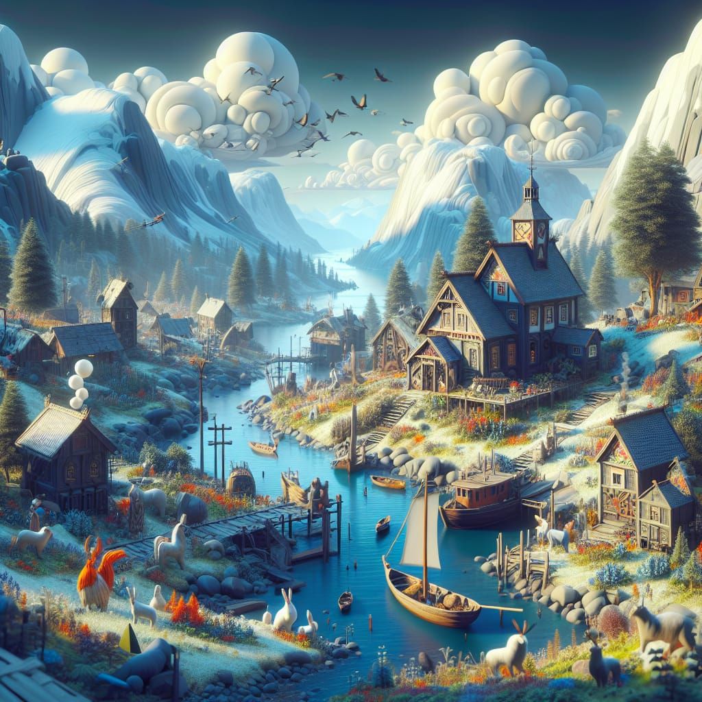 Naive Folk Art 3D Landscape Illustration