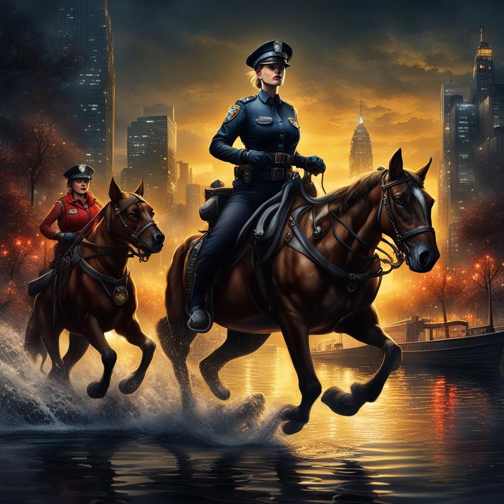Strong Policewoman on Horseback at Night