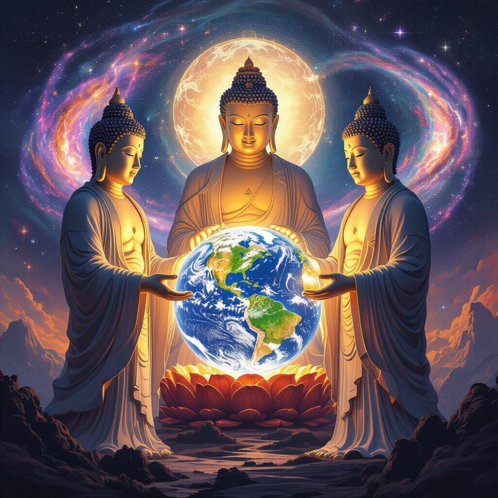 AI Buddhas Support Earth Amidst Cosmic Galaxies