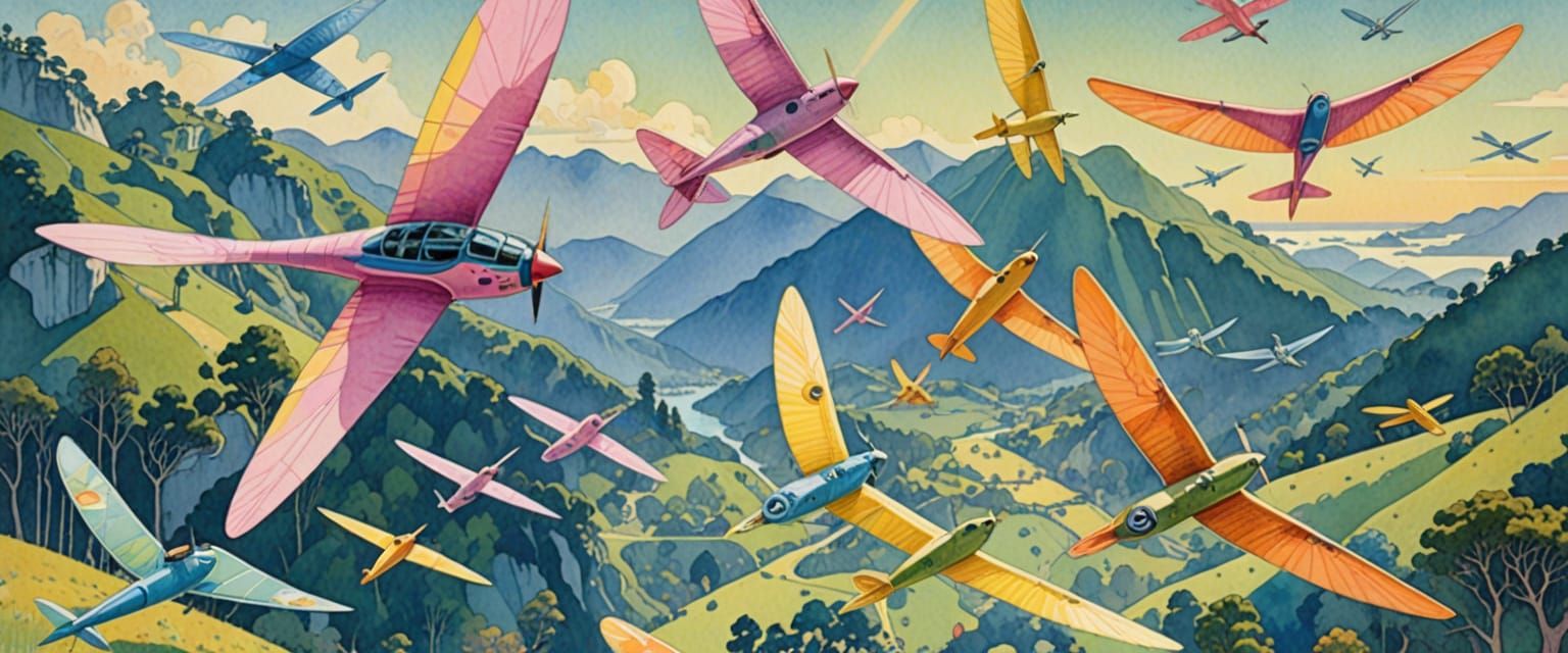 Colorful Gliders in Flight: Watercolor Gouache Style