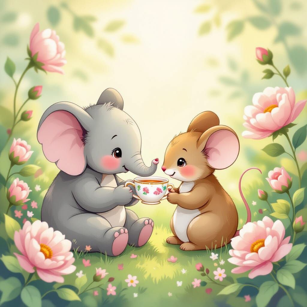 Elephant and Mouse Share Teacup in Enchanted Garden