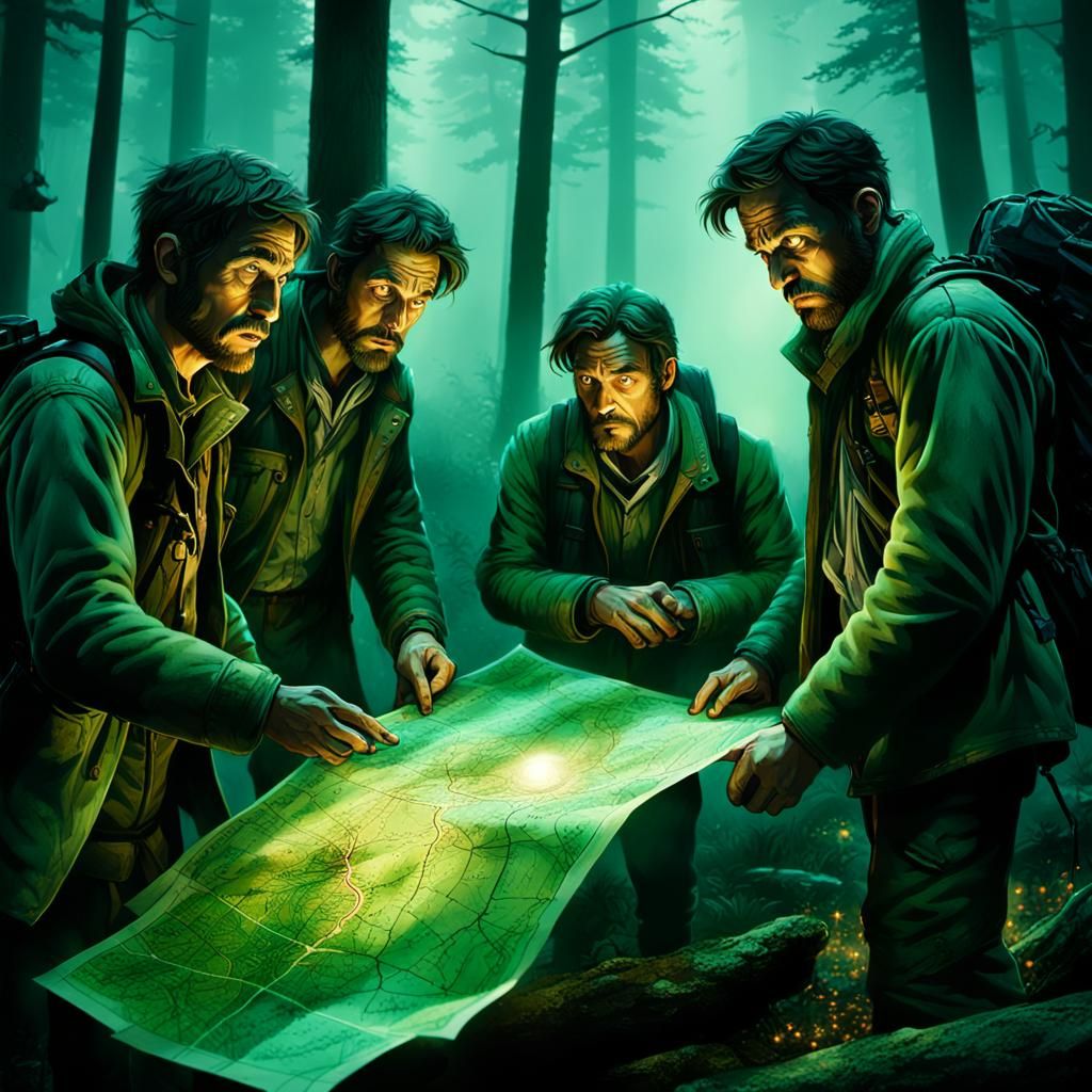 Hunters' Confusion in Eerie Forest: Cinematic Still