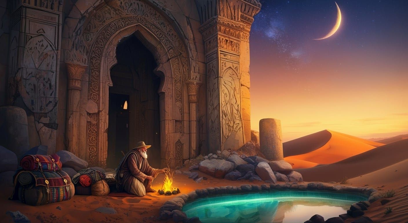 Traveler's Desert Camp Near Ancient Nouveau Rococo Temple